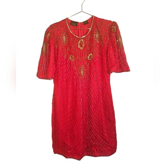 Vintage Mark & John by Sam Red 100% Pure Silk Beaded Sequined  Dress Size L - Picture 3 of 9
